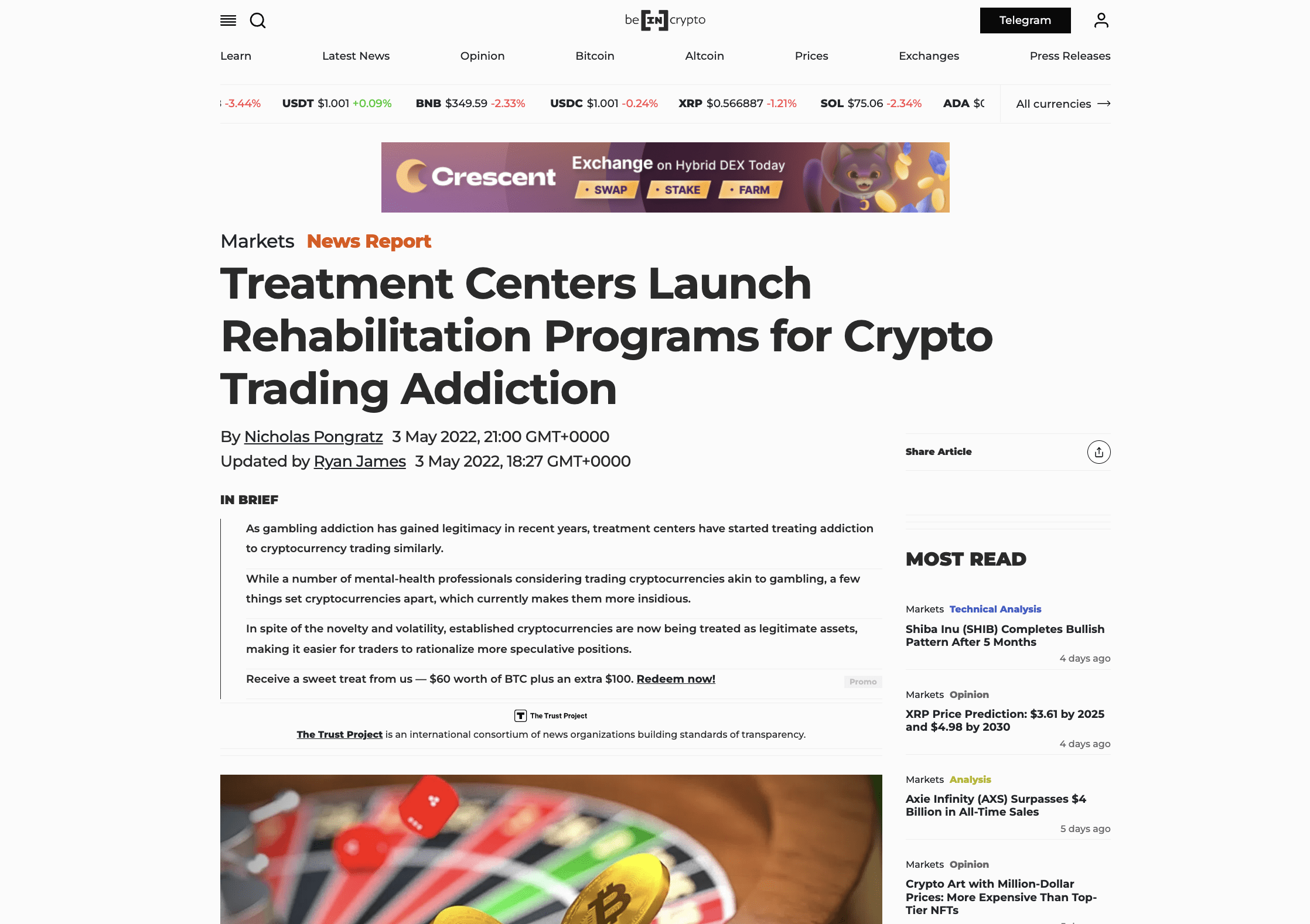 Статья BeInCrypto о лечении зависимости от криптотрейдинга