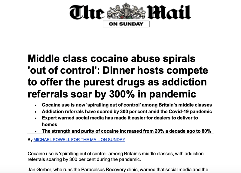 Статья Daily Mail о злоупотреблении кокаином среди среднего класса